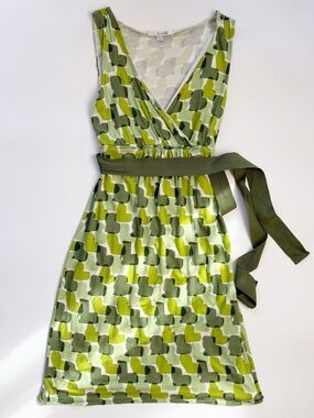 Boden Green Printed V Neck Midi Dress Empire Waist Lyocell Ribbon Sash 6 Tall